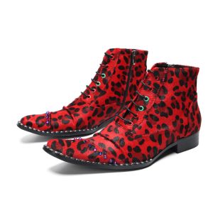 Boots Botas Red Italien Rivet Leopard Evening Party Club Formel Boots Male Malfe Pointed Toe Dress Chaussures Lace Up Ankle Boots Large Taille