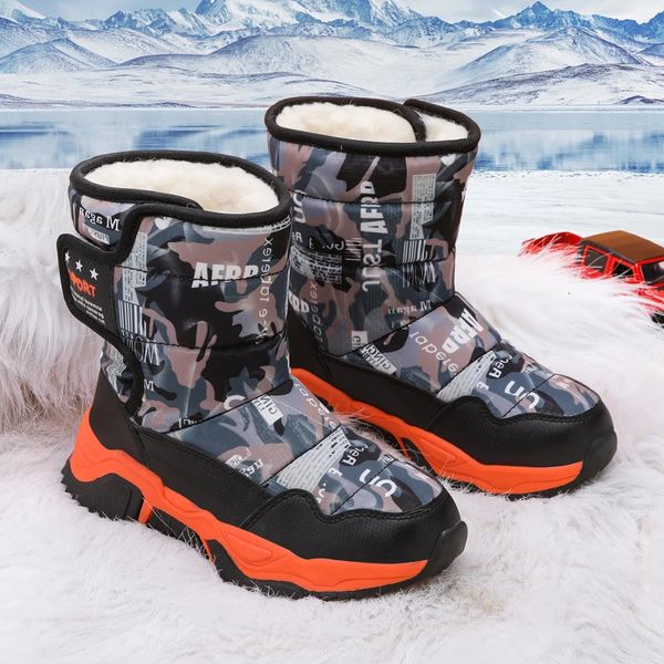 Bottes Garçon Fille Hiver Chaud Doublure en Fourrure Antidérapant Chaussures de Neige en Cuir Cheville Plate Imperméable Extérieur Durable en Peluche Bottes de Neige pour Enfants 231019