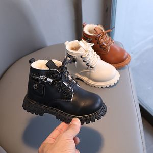 Bottes garçons mode moderne fermeture éclair à lacets en cuir cheville chaud hiver filles bébé chaussures antidérapant enfants baskets décontracté 220921