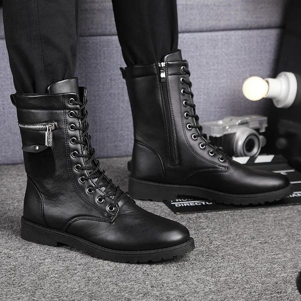 Botas Botas militares de marca para hombre, botas militares con cadena para hombre, hebilla de Metal con calavera con cordones, botas Punk para motocicleta para hombre, zapatos para hombre Rock 231116