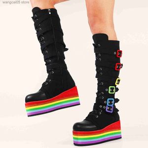 Bottes Marque Grande Taille 43 Mode Gothique Rianbow Plate-forme Boucles Zipper Coloré Grande Qualité Moto Bottes Femme Chaussures T230712