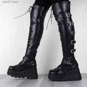 Bottes Marque Design femme haute plate-forme cuissardes mode boucle Punk talons hauts bottes femmes Cosplay chaussures compensées femme T231106