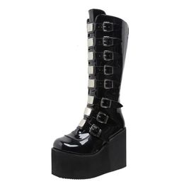 Laarzen Brand Design Vrouwelijke Wiggen Hoge Hakken Knie Zwart Platform Laars Gothic Cosplay Schoenen Botas Femenina 231116