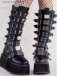 Botas Diseño de marca Estilo gótico Ins botas de moda calientes zapatos para mujeres cuñas negras tacones altos hebillas botas de plataforma femenina talla 50 t230817