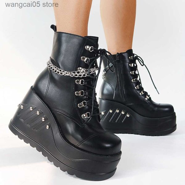 Boots Brand Design Gothic Style Ins Hot Sale Boots Boots Femme Chaussures Automne Punk Black High Heels Platform Censes Boots Femme T230817