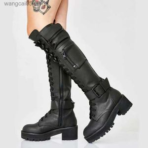 Boots Brand Design High Quality Female Motorcycle Boots Square talon Lacet-up Band étroit Winter Cool Street Femmes Galettes High Boots Chaussures T230817