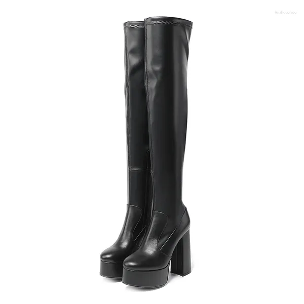 Bottes Design de marque Sexy haut de gamme hiver femmes rue en cuir véritable mode talon court noir punk sur le genou