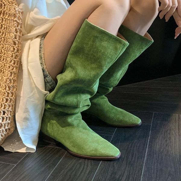 Botas Diseño de marca Manga Retro Tacón bajo Apilamiento Cuero Personalizado Cabeza cuadrada Gamuza Caballero Sexy Casual Mujer