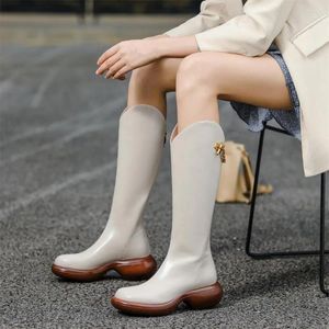 Laarzen merkontwerp split lederen dames midden kalf platform dikke hakken elegante damesschoenen mode schoenen vrouw
