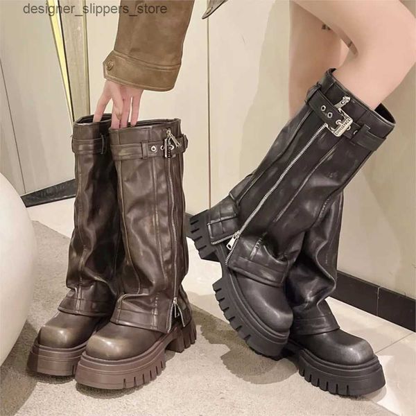 Botas Diseñador de marca Knight botas a media pierna para mujer tacones cortos y regordetes plataforma punk botas de motocicleta zapatos de calle góticos Q240321