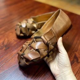 Laarzen merk ontwerper mocassins dames lederen vintage schoenen voor vrouwen zomer uitgehouwen klompen wide been fit vrouwelijke handgemaakte vlechtschoen