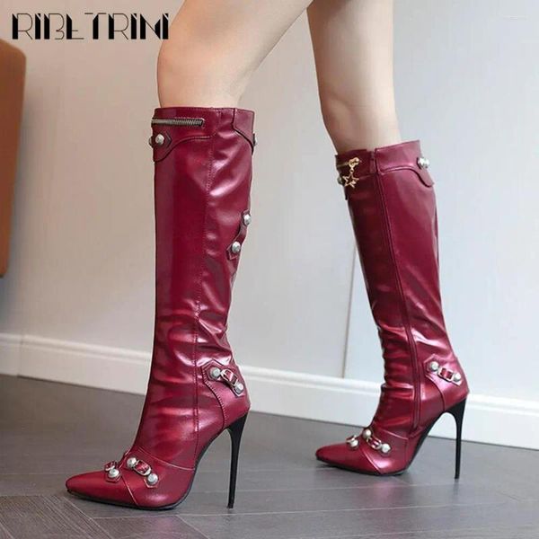 Boots Brand Fashion Elegant Women Motorcycle Point Toe Stiletto High Heels Rivit Punk Luxury Winter Shoes femme Big Taille 48