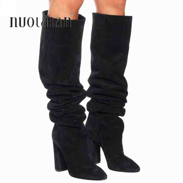 Botas marca moda faux gamuza mujeres sobre la rodilla punta puntiaguda largo bloque grueso tacón alto zapatos de invierno mujer 220901