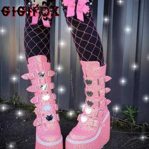 Botas de la marca Fashion Gothic Street Cool Well Shoes Buckles Big Size 43 Pink Chunky Platform Motorcycles Boots Z0605