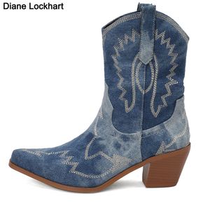 Boots Brand Ladies Pless Toe Cowgirl Boots Fashion Denim Borduur Chunky High Heel Dames Western Boots Party Woman Shoes 230816