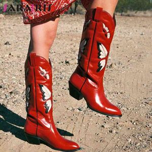 Laarzen gloednieuwe 2022 Autumn Winter Western Western Mid Calf Boots Chunky Heels Butterfly Cowgirl Cowboy Long Boots Shoes For Woman 220903