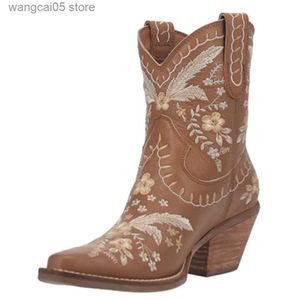 Botas Nuevo 2022 Spring Autumn Western Boots With Flower Fashion Cowgirl Walking Woman Woman Boot Shoes T230817