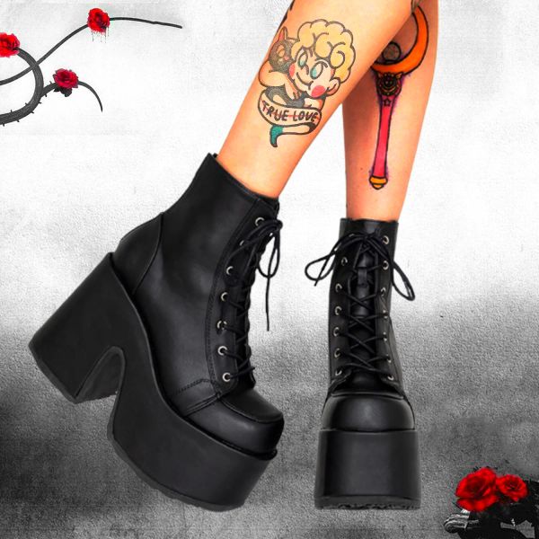 Bottes Brand New Big Size 43 Platform Gothic Style Shoelace Zipper Extreme High Block Talons confortables Walking Motorcycles Boots Chaussures femme
