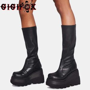 Laarzen gloednieuwe Big Size 43 Shoelaces Wedge High Heel Platform Tide Tide Tide Trendy Cool Autumn Winter Midcalf Boots Shoes Women Footwear Z0605