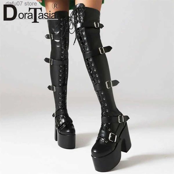 Botas Brand New Ladies Plataforma Muslo Botas altas Moda Hebilla Punk Chunky Tacones altos Botas de mujer Fiesta Cosplay Goth Mujer Zapatos T231106