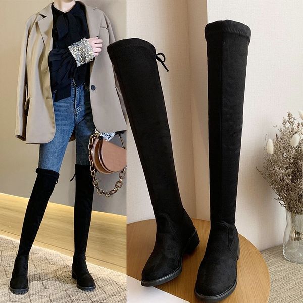 Bottes Marque Cuisse Haute Botines Mujer Chaussures De Fourrure En Peluche Hiver Stovepipe Stretch Sur Le Genou Longue Botte Laceup Velours Chevalier Bottes 230911