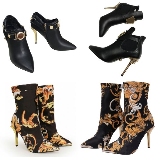 Botas de marca para mujer zapatos de diseñador con estampado sexy tacones altos botines con punta puntiaguda medias botas de cuero genuino hebilla de metal botas de moda con cremallera zapatos de fiesta al aire libre