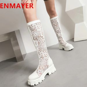 Bottes respirantes sexy dentelle motif couture pu femmes genou polyuréthane semelle arrière fermeture éclair maille fleur été cool long 230829