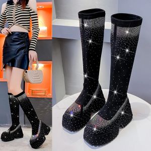 Botas Diamantes brillantes Senedor avanzado Long Round Head Tacón grueso elegante Elegante Todas las cómodas botas altas transpirables para mujeres para mujeres