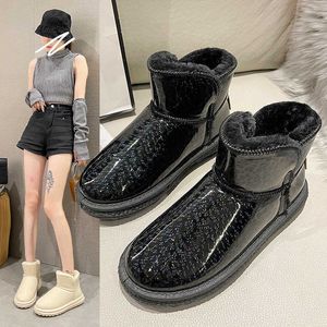 Bottes de neige en cuir brillant pour femme, nouvelle version coréenne, peluche épaisse, fourrure surdimensionnée, coton chaud, hiver