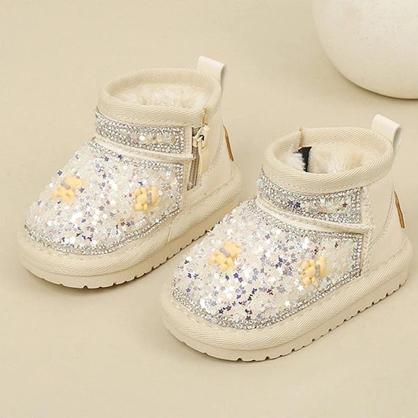 Bottes de neige pour filles, strass brillants, paillettes scintillantes, fermeture éclair à la cheville, avec peluche épaisse, chaussures de princesse pour petits enfants