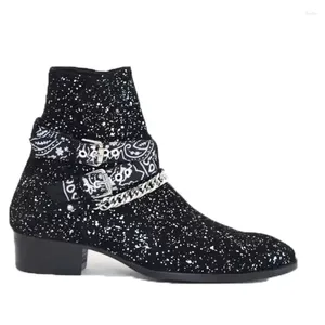 Botas British Black Lentejuelas Impresión Bandana Correas Hebilla con cadenas Tobillo Hombres Bling Tacón cuadrado Resbalón en corto