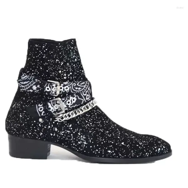 Bottes britanniques noires paillettes impression bandana sangles boucle avec chaînes cheville hommes bling talon carré sans lacet court