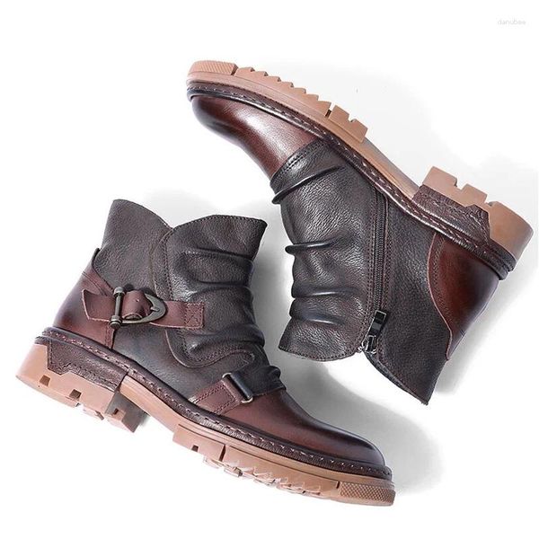 Bottes Style britannique élégant hiver hommes à la mode boucle plissée ceinture homme d'affaires chaussures en cuir froissé