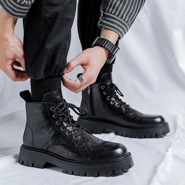 Botas de estilo británico para hombre, plataforma de moda, zapatos de cuero originales, vestido de fiesta, Botas de vaquero negras y marrones, botines geniales para hombre