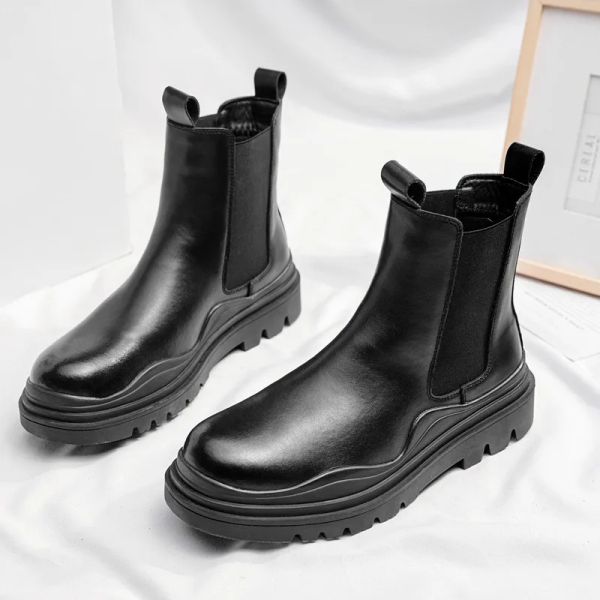 Boots British Style Mens Loison Punk Hip Hop Robe en cuir authentique Boots Plateforme noire Cowboy Boot High Top Botas Mans