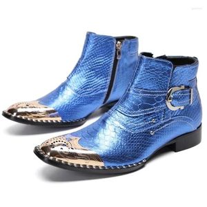 Bottes de style britannique en peau de serpent à la cheville pour hommes, sangle à boucle, bout en fer, robe de travail, chaussures de mariage bleues