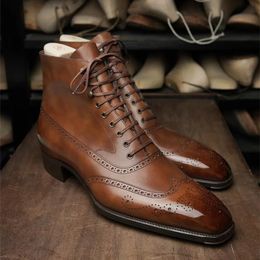 Stivali brogue marroni da uomo corti con lacci alla caviglia fatti a mano con punta quadrata da moto con Zapatos Hombre 231018