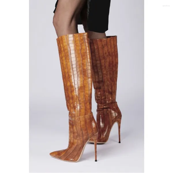 Boots marron couleur pierre motif glisser sur la piste de gamme personnalisée au genou High Femmes d'hiver automne d'hiver pointues talon mince