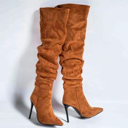 Boots brun faux daim sexy plissée design femmes trop knees pointues talons hauts super minces