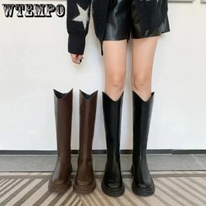 Boots marron pu long bottes en cuir v tube épaisse de la semelle femme de la hauteur en hauteur Antisishide solide simple et décollage de la mode coréenne