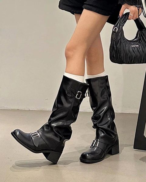 Boots Brown Femmes Knee-High Rond Toe Chunky High Heel Western Knight Slip on Design Fashion and Street Style