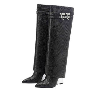 Botas fivela senhoras de alta qualidade deslizamento em cunhas de prata ocidental botas femininas crocodilo impressão preto novo 220903