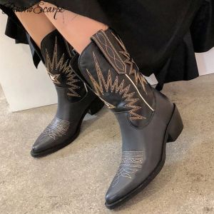 Boots Buono Scarpe Broider Femmes Boots Med Heels Retro Knight Boots Femme Généhes en cuir véritable Botas Mujer Western Cowboy Sale Boots2019