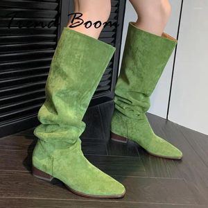 Bottes couleur bonbon concise genou haute femmes daim cuir épais occidental bout pointu sans lacet bureau dame bottillons robe quotidienne