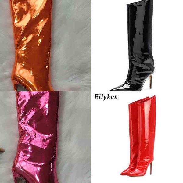 Bottes couleur bonbon miroir cuir femmes bottes hautes talons aiguilles discothèque piste bout pointu chaussures Botas Mujer 220913