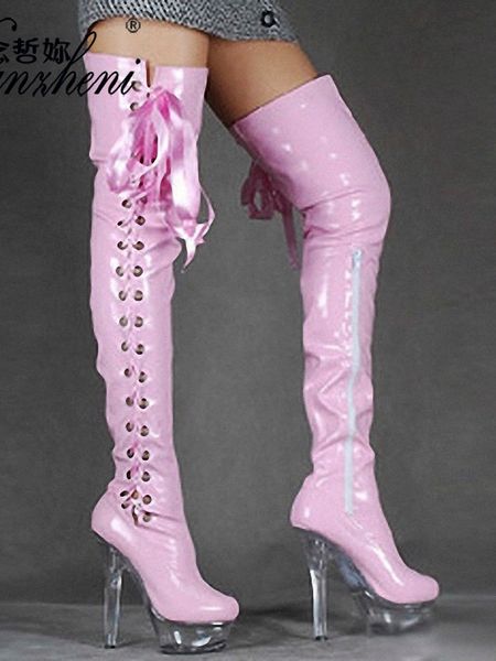 Botas Catwalk Pink Platform Boots 15cm Catwalk Strip Pole Dance Lace Up Sexy Fetish Shoes 6Inches Mujer Gótico Tamaño grande Punta redonda 230807