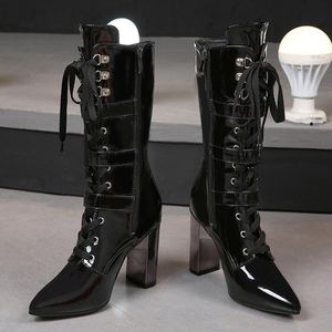 BOOTS Zapatillas de pasarela de cordones Lace Up estilo británico tacón de tacón alto 2021 otoño e invierno cheongsam mujeres