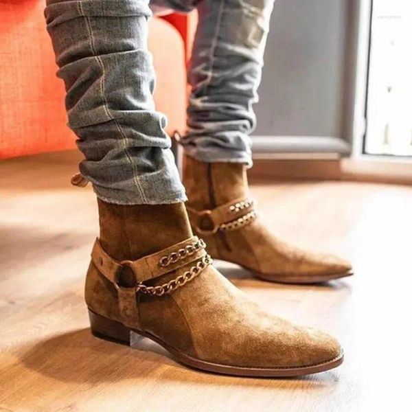 Chaînes de bottes en daim marron pour hommes, faites à la main, fermeture éclair en cuir véritable, chaussures courtes à boucle de cheville