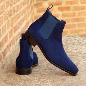 Boots Chelsea Men Blue Faux Suede Classic Fashion Business Casual Tobillo corto Zapatos De Seguridad Hombre 221119