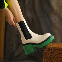 Laarzen Chelsea dameslaarzen rond teen gemengde kleur midden hiel slipon korte dames gumboots mode vierkant hiel kniehigh vrouwelijke schoenen